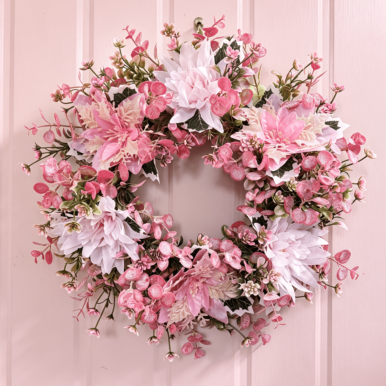 TEMU 1pc Pink Wreath, Christmas Flower Dahlia Eucalyptus Simulation Flower Wreath, Home And Outdoor Decoration Wreath, Christmas Valentine's Day