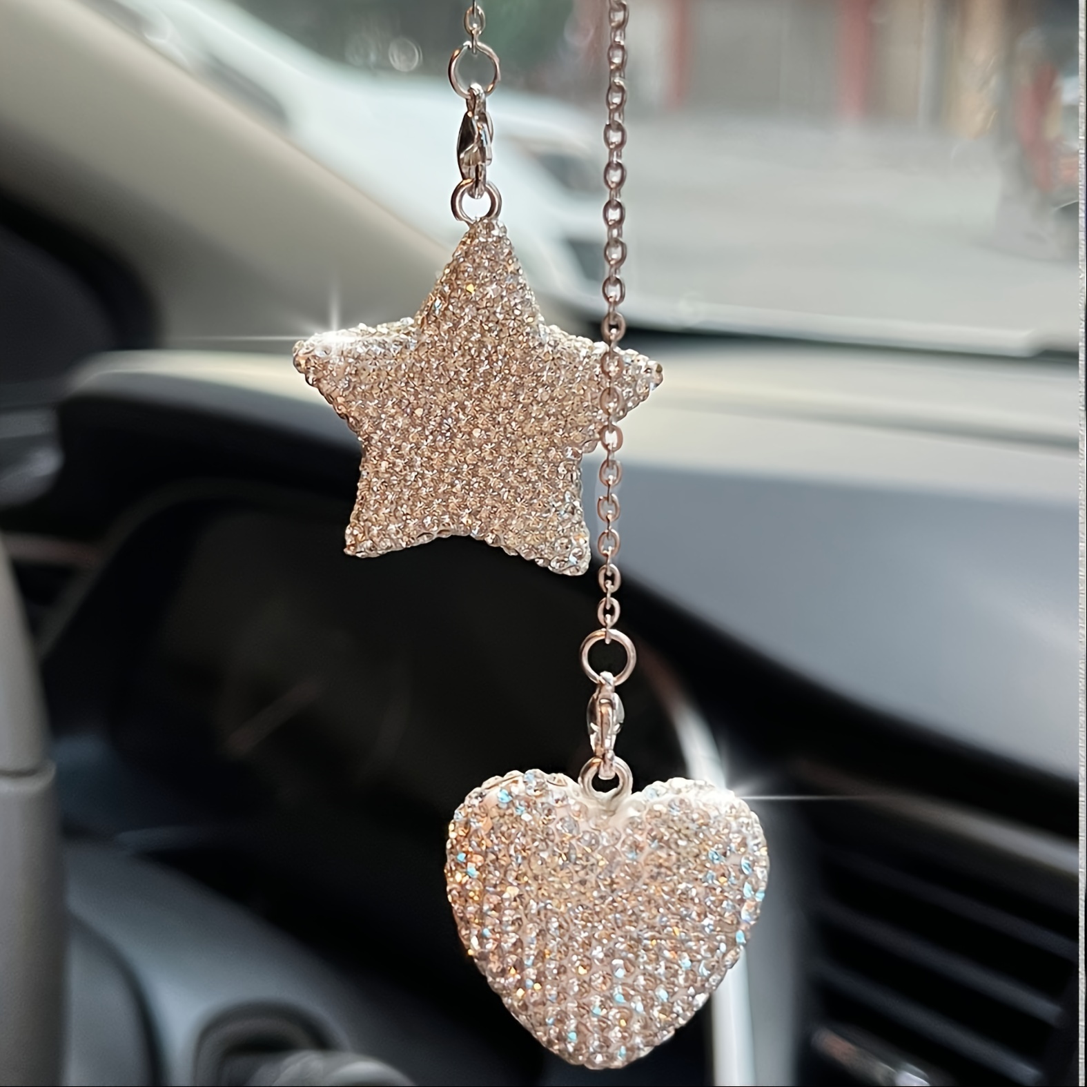 

Rhinestone Car Hanging Ornament - 1pc Iron Chain With Diamond-studded Heart And Star Pendant For Women' Decoration