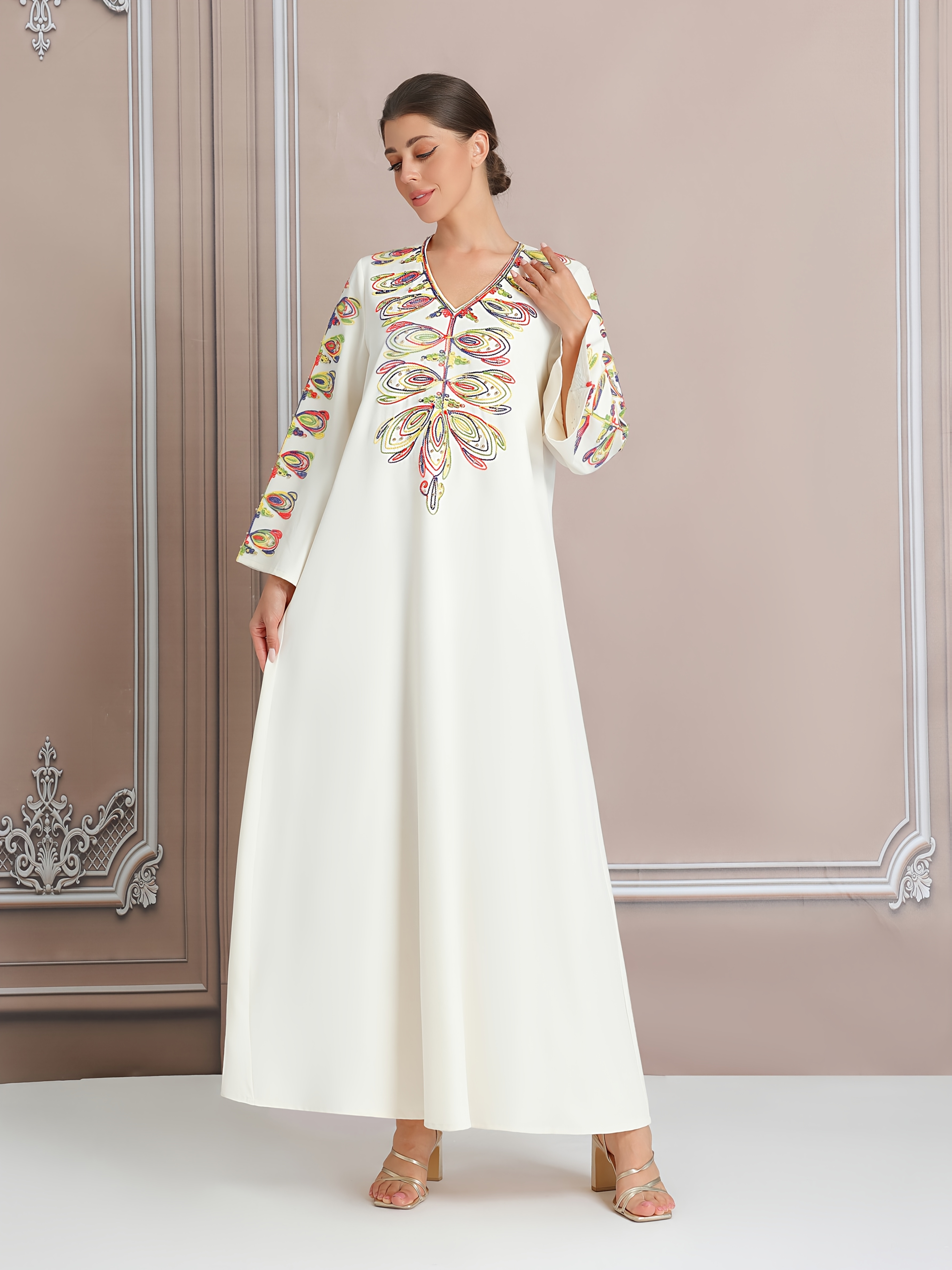 plus size women's kaftan dress colorful embroidery beige Temu