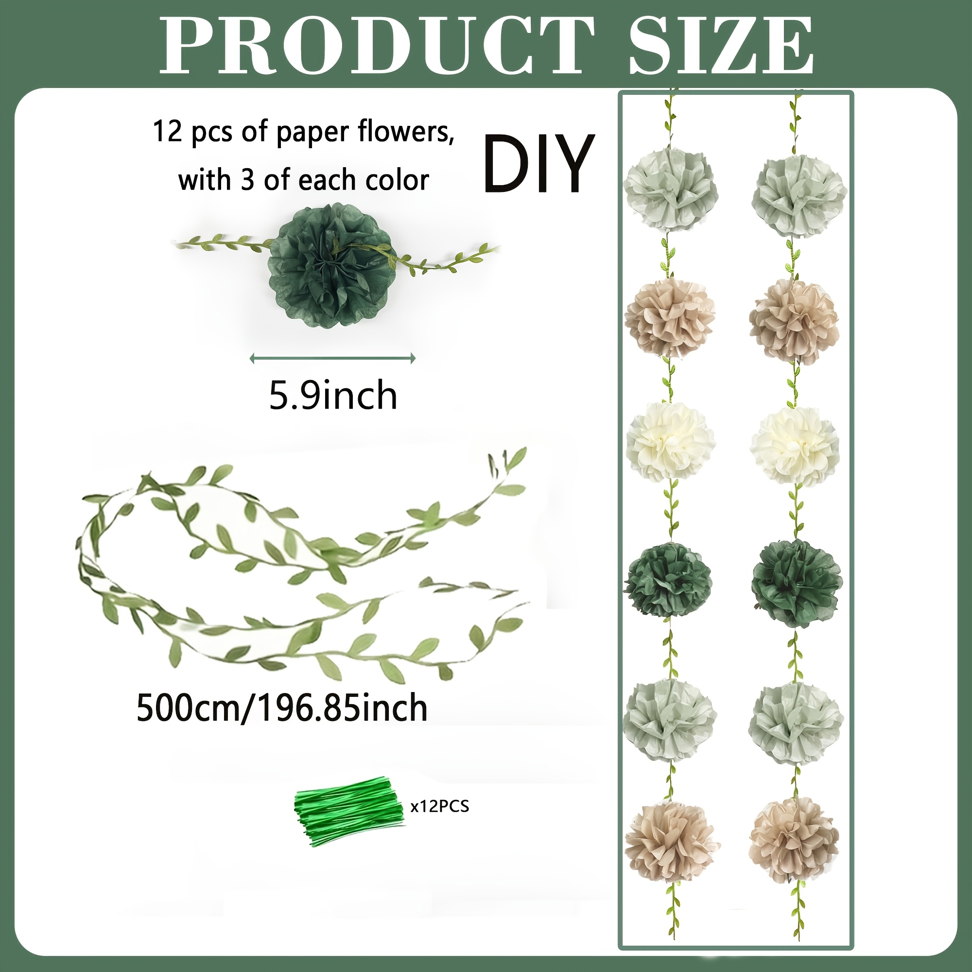Image of Sage Green Beige Party Decorations Tissue Paper Flowers Pom Pom With Leaf Ribbon Hanging Garland Streamer For Neutral Birthday Wedding Bachelorette Jungle Woodland Party Supplies
