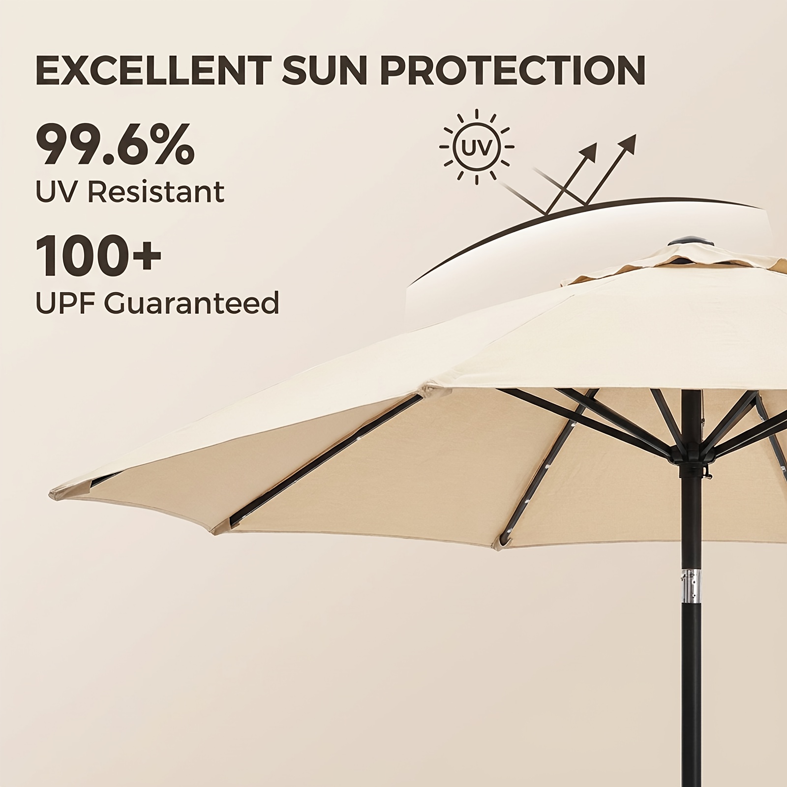 [Christmas & Halloween] Deluxe 32 LED Lighted Patio Umbrella - Navy Blue/Beige/Red/Brown, Solar 10Ft Market Umbrella with Base, Outdoor Table Umbrella with Ventilation, Solar Umbrella with Push Button Tilt/Crank for Garden, Deck, Backyard, Pool, Christmas & Halloween