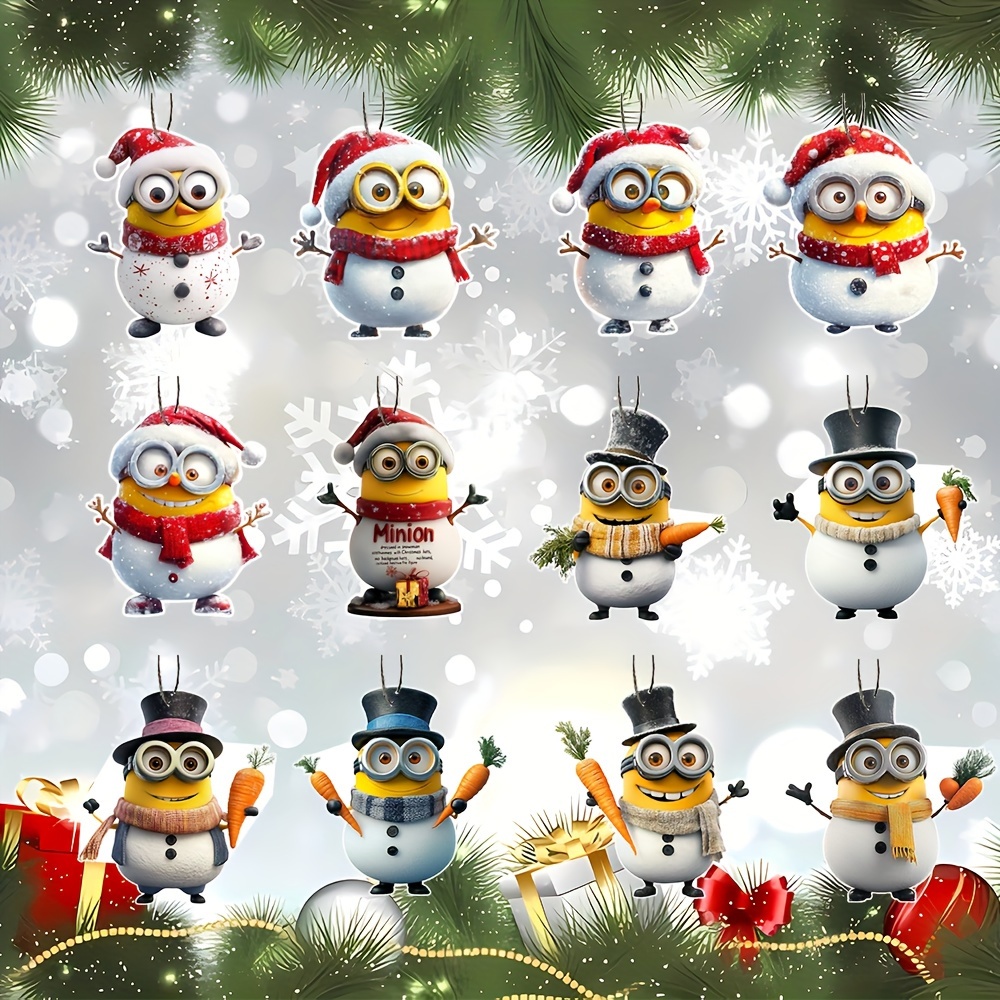 

Ornements de Noël Minions 12 pièces, décoration en bois miniature artisanale, accents de fête pour arbre de Noël, maison, chambre et décorations de fête, plume, marque MINIONS