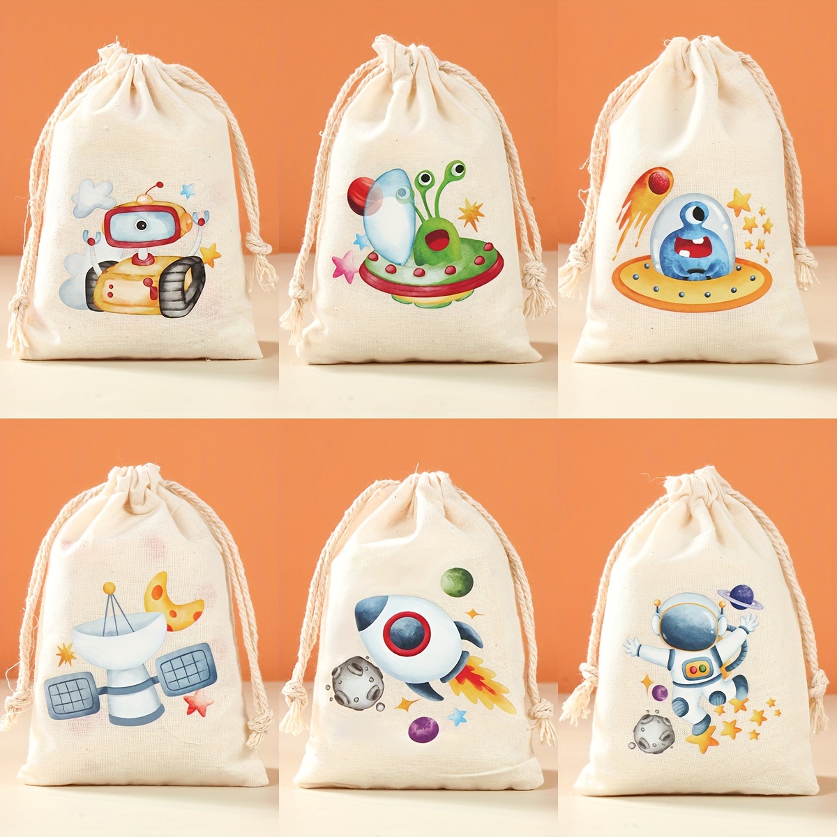 

6pcs/set Astronaut Cotton Gifts Bag Spaceship Theme Alien Planet Astronauts Birthday Party Decoration For Guests Happy 1st Birthday Supplies Packing Bags