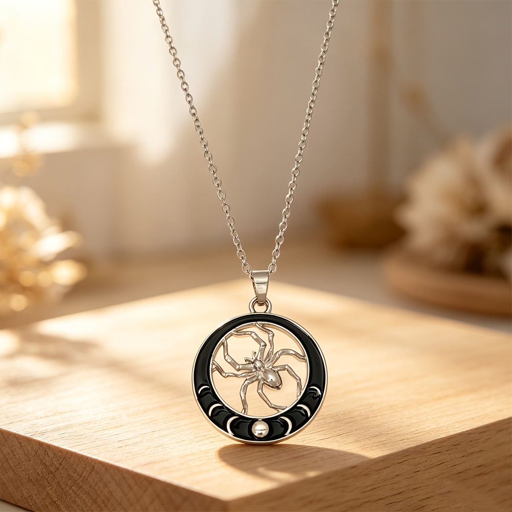 TEMU Black Background Pattern Openwork Spider Round Pendant Necklace With Black Drip-effect Silvery Plating, Adjustable Thin Chain Halloween