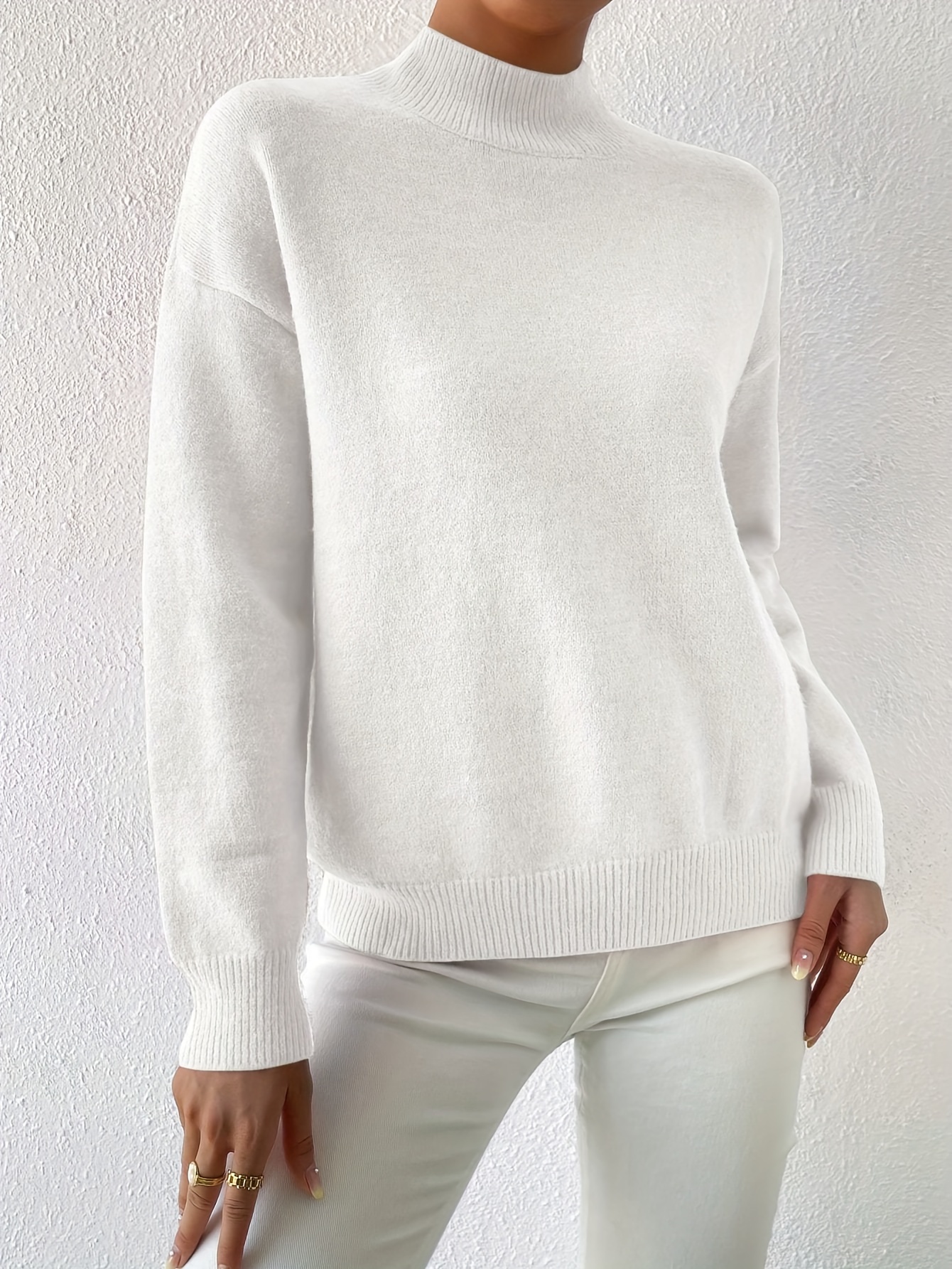 womens solid color long sleeve casual loose knit sweater with a stand collar for autumn and winter white 5