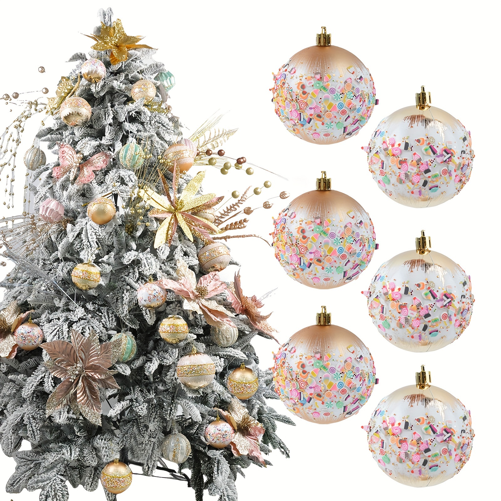 

6pcs Sparkling Golden Macaron Christmas Ornaments - 3.54" Shatterproof Glitter Balls For Tree Decoration, Holiday & Wedding Celebrations