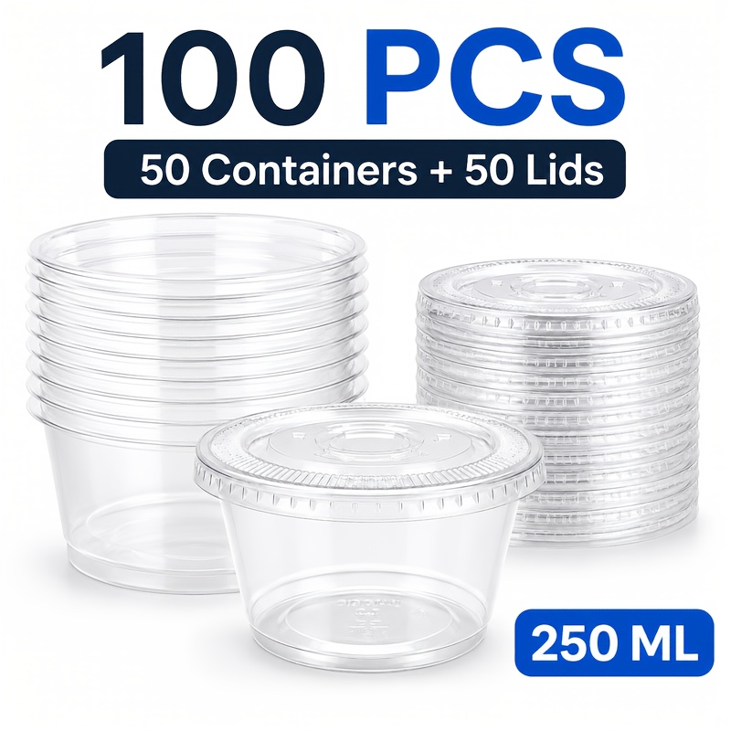 100pcs Clear Plastic Dessert Cups (50 Containers + 50 Lids), Each with A Capacity of 8 Ounces, Suitable for Ice Cream, Cakes, Snacks, Fruits, Cold Drinks, Smoothies, Puddings and Salads.Dessert Decorating Kit