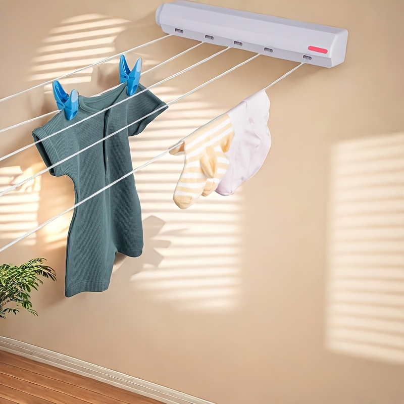 1 retractable clothes drying rack space saving retractable clothes drying rack with 4   wall mounted   plastic   towel bar and hooks portable plastic laundry hanging rod with wall mount for home use drying racks details 0