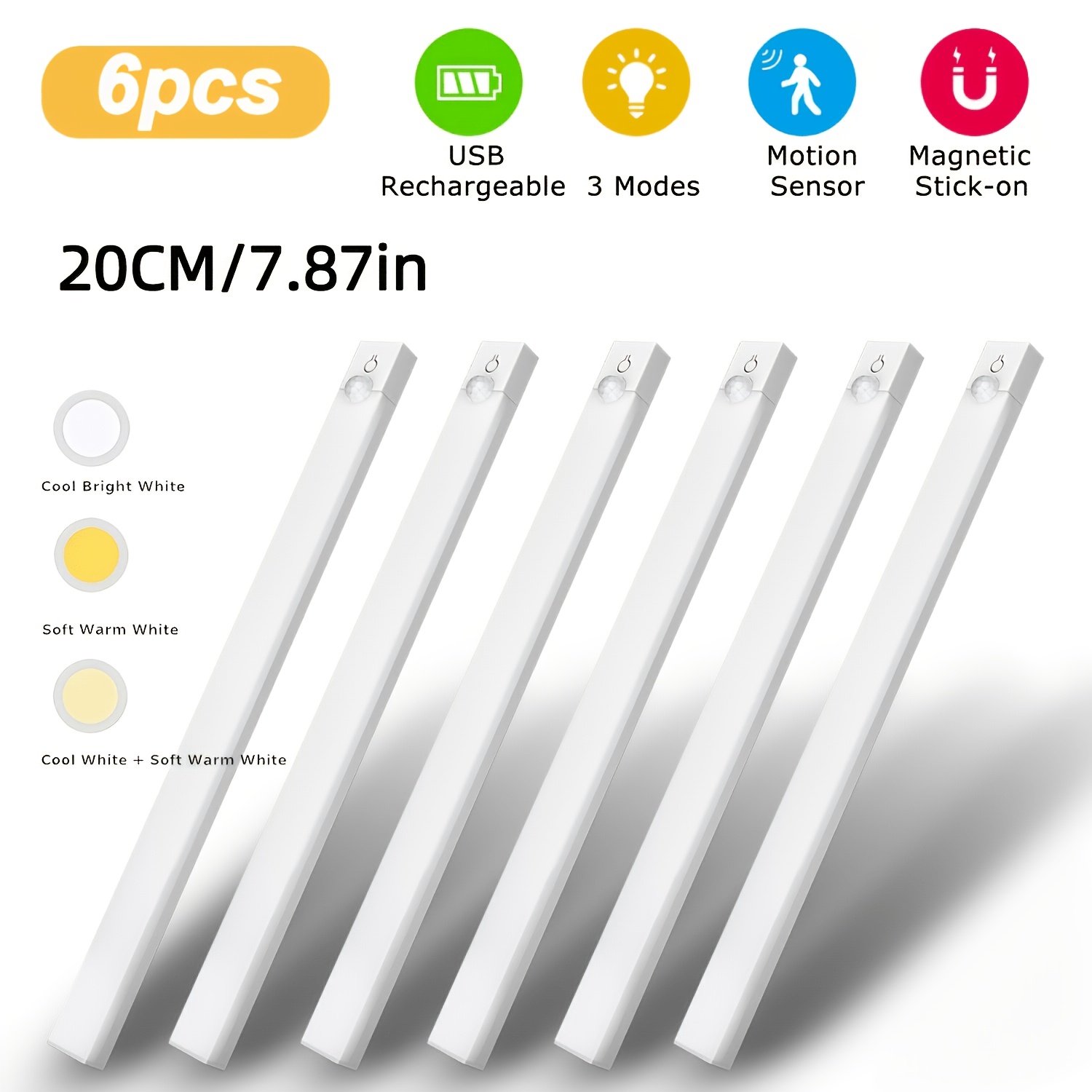 Image of Nbbuff 3/6pcs Led Motion Sensor - Dimmable Cabinet Lights, Usb Rechargeable, 3color (3000k/4500k/6000k), Night Light, For Bedroom, Staircase, Kitchen, Piano Room & , Bedside Reading Lights
