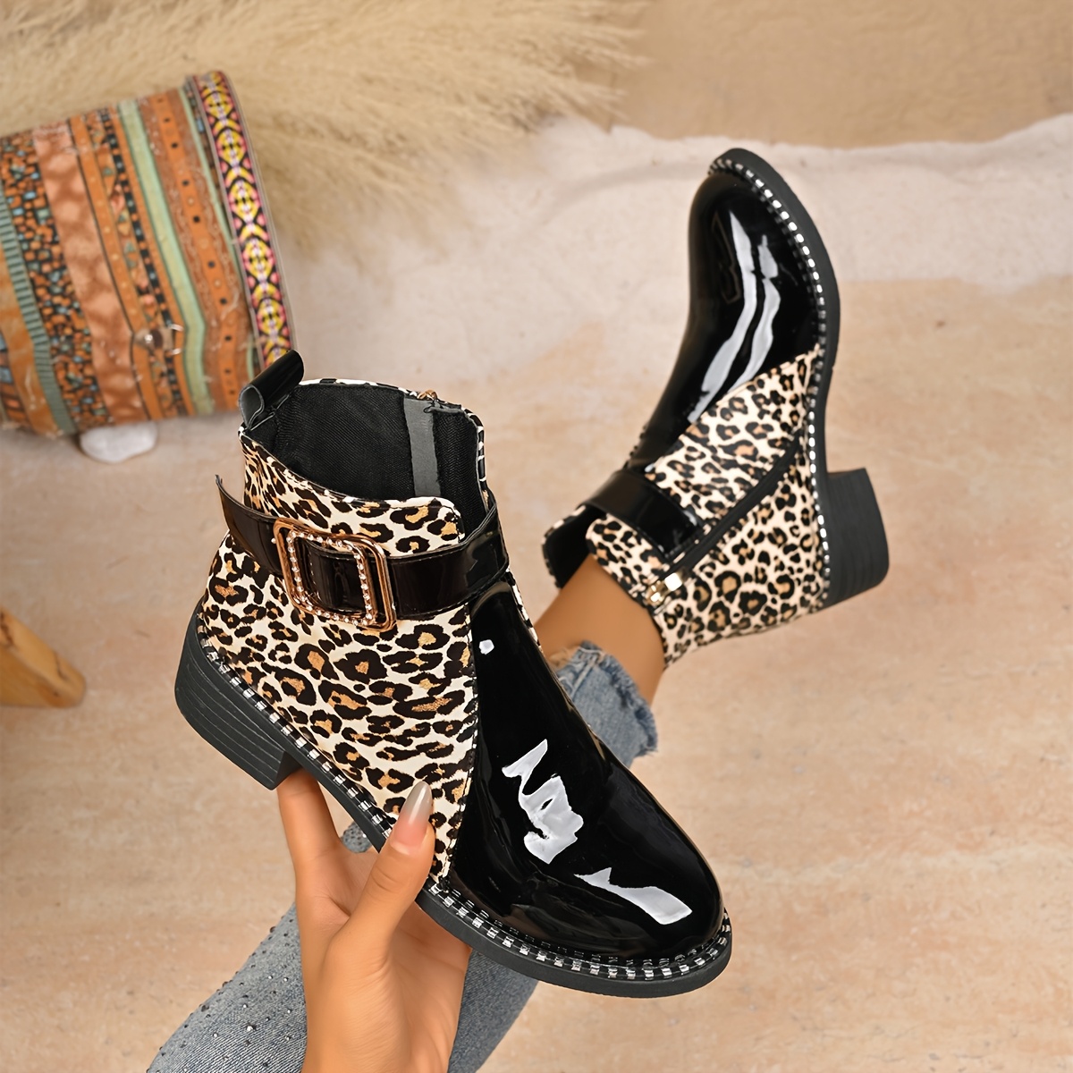 womens boots chunky heel leopard booties