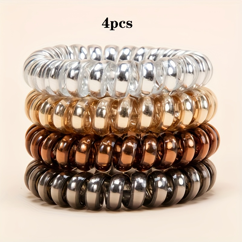 4pcs Metallic Style High-elastic Telephone Cord Hair Ties, Wire Coil Bright Silvery Hair Ropes
