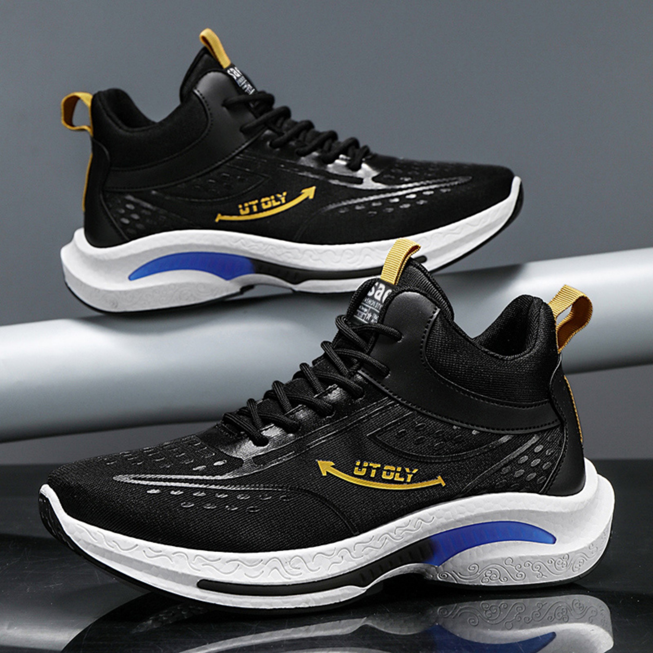 Tenis de basquetbol para hombres, con cuello alto, fabrica transpirable, suela de PVC antideslizante, diseño con cordones para uso casual y atlético, color negro con acentos amarillos, cómodos para todas las temporadas