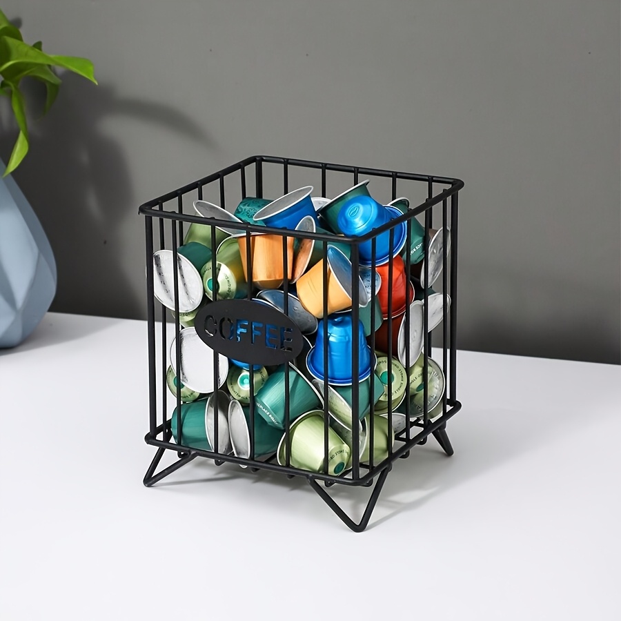 TEMU Black Metal Coffee Capsule Holder - Square Storage Basket For Home, Snacks, And Candy Organizer With "coffee" Label - Kitchen, Bar, Countertop Display, Coffee Bar Accessories