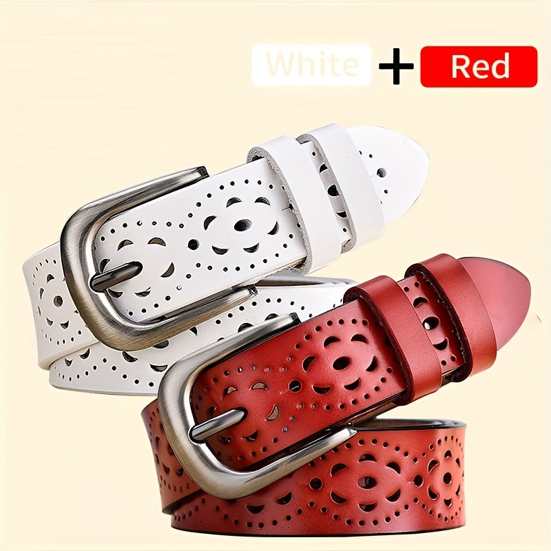 

2pcs Women's Hollow Out Leather Belts, Stylish No-hole Jeans Belts, Casual Style Waistbands