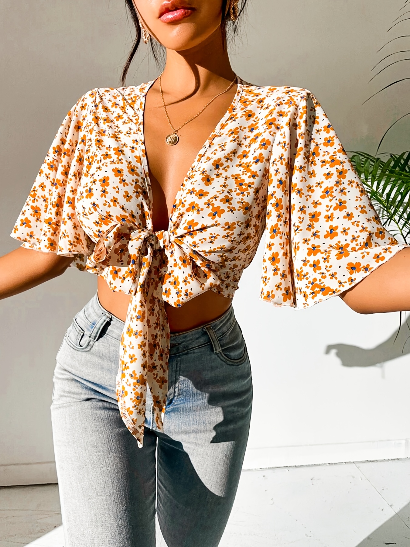 floral print flowy sleeve tie front crop top - Temu South Africa