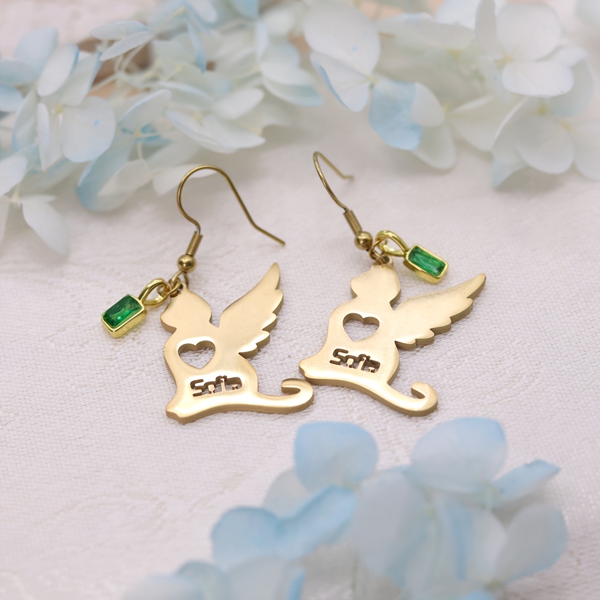 Customized Name Angel Wing Dangle Earrings with Green Zirconia