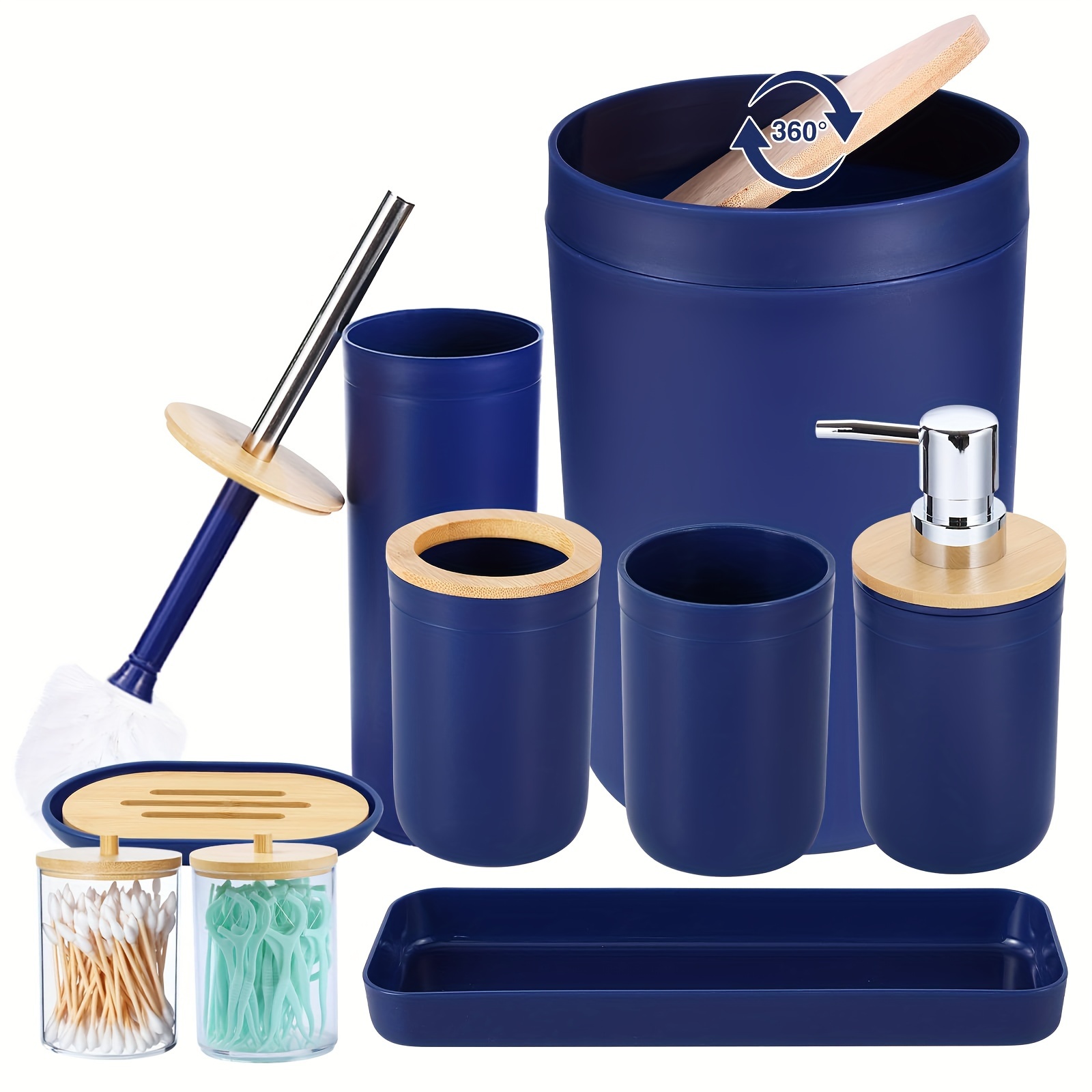 

9pcs Beige Bamboo Cover Navy Bathroom Accessories Set - With Trash Can Toothbrush Holder Soap Dispenser Soap And Lotion Set Tumbler Cup