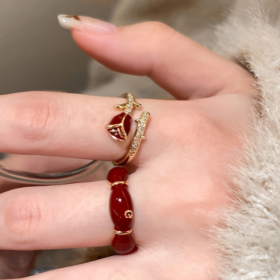 Red Rose Open Ring Adjustable Band October Birthstone Plastic Jewelry