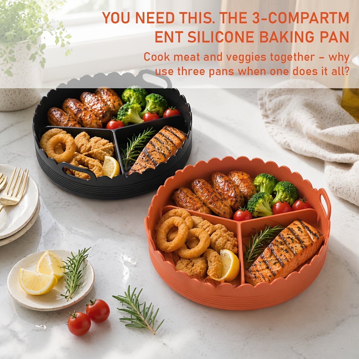 set of 2 silicone bowls for air frying designed with three compartments to cook different dishes simultaneously avoiding flavor mixing   are detachable and versatile suitable for air fryers microwaves ovens and steamers