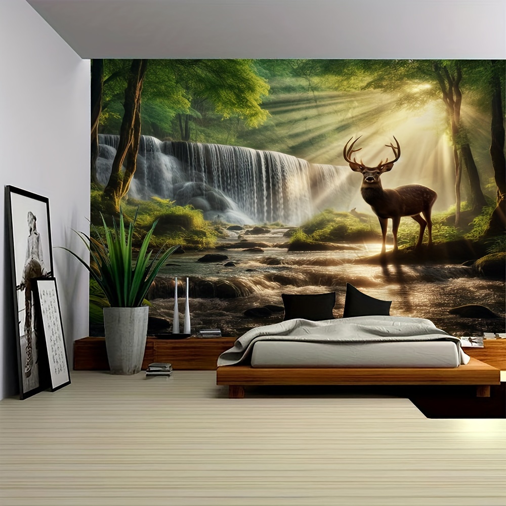 

Sunshine Forest Waterfall & Deer Tapestry: Polyester Wall Hanging For Living Room, Bedroom, Office, Home Decor, Party Decor - Free Installation Package Included