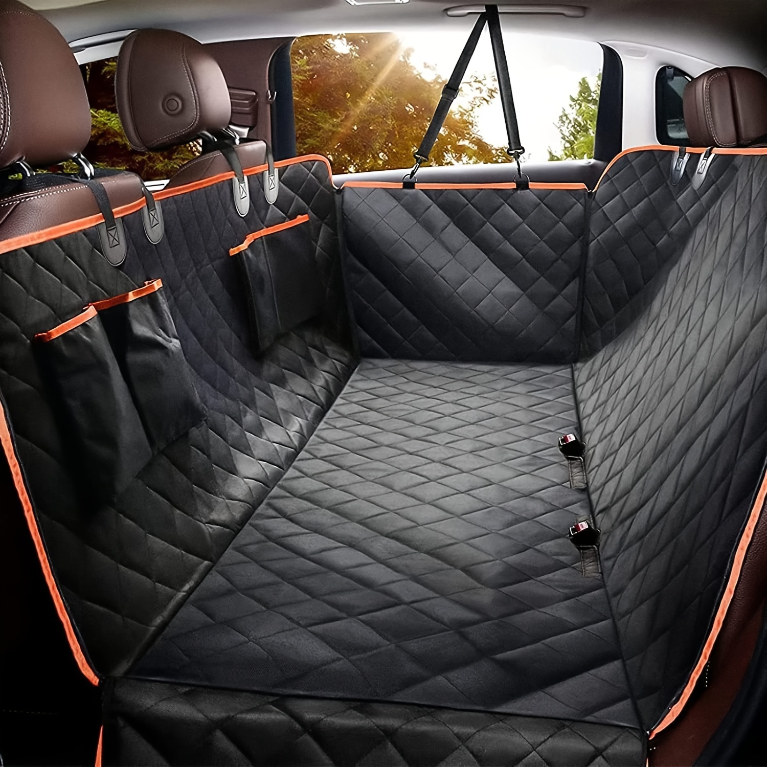 TEMU Funda de asiento para perros en el coche, impermeable con solapas laterales, resistente a los arañazos y antideslizante, con 4 bolsillos, lavable para camiones y SUVs