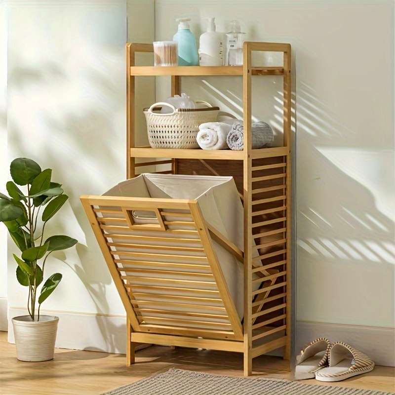 

1pc Bamboo Laundry Hamper, Modern Style Clothes Storage Basket With Lid, Home Bathroom Organizer, Durable Dirty With 3-tier Shelving, Versatile Toy Storage Box