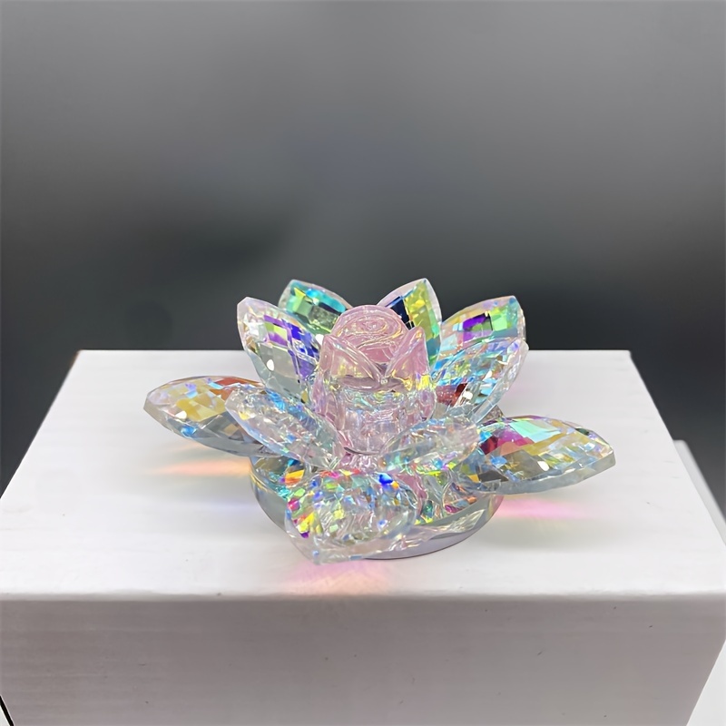 Image of 1pc Iridescent Crystal Lotus Ornament Home Decor And Desk Cabinet Decoration Office Decor Piece Holiday Gift