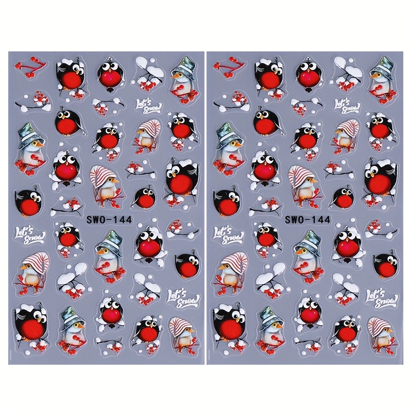 Image of 2 Sheets Of Embossed Nail Stickers Featuring Cute Bird Designs, Self-adhesive Nail Decals For Winter Nail Art Decoration, Suitable For Christmas Nail Supplies