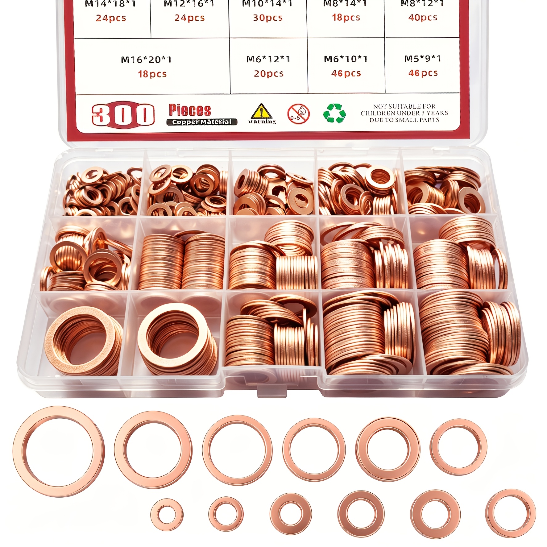 Image of 300pcs Copper Washer, Flat Ring Copper Washers Assortment Kit - 12 Size