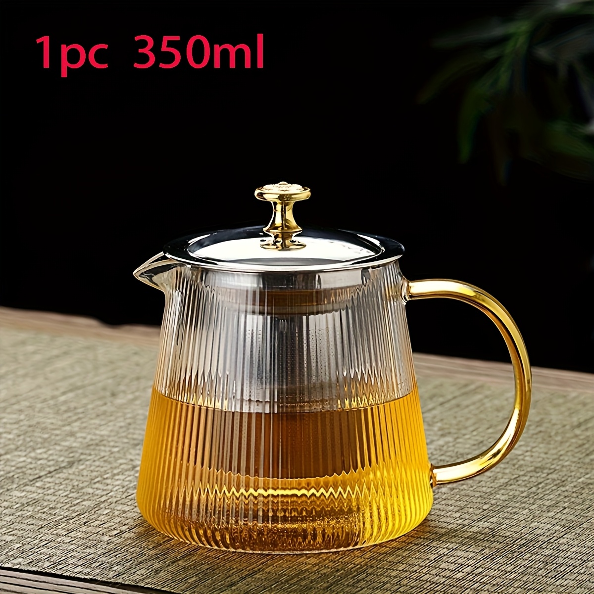 TEMU 1pc Striped Transparent Glass Flower Teapot With Golden Pinched Handle - Stainless Steel Filter, Indoor Tea Brewing Set, Durable High