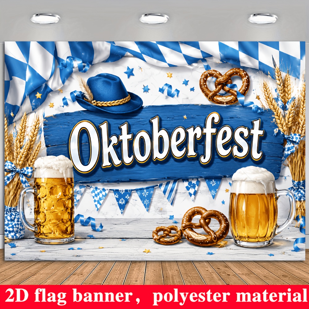 TEMU 2d Flat Flag, 2d Flat - 1pc 2d Flag Oktoberfest Themed Banner Background, Featuring Beer Mugs, Pretzels, , And Cowboy , In A Blue And White