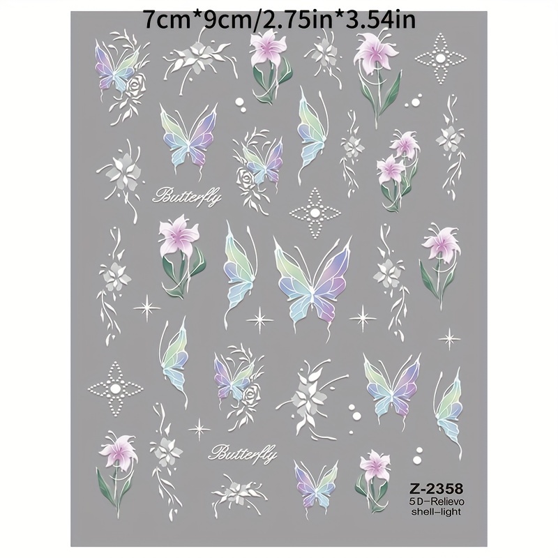 Image of 5d Embossed Nail Art Stickers Collection - Self-adhesive, , Shell Glitter Flowers & Butterflies Designs For Hands, Feet & Nails Care With Easy Application And Long- Wear