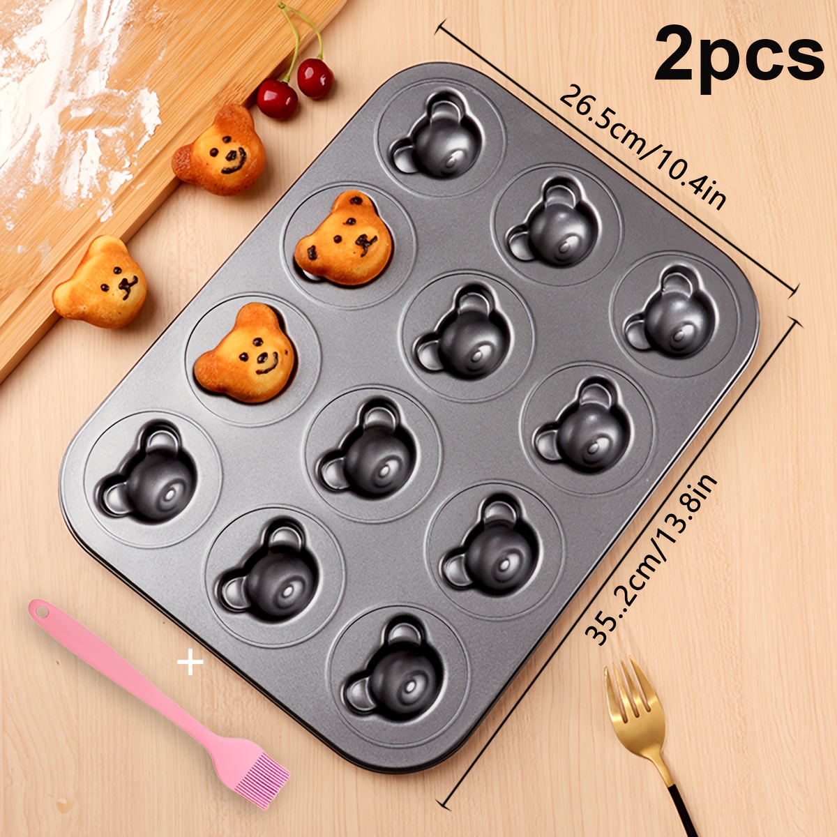Image of 1pc/2pcs [1pc Baking Pan And 1pc Basting Brush] 4/6/9/12 Japanese Cartoon Bear Madeleine Pan Internet Celebrity Beverage 3d Bear 6- Small Cake Mold