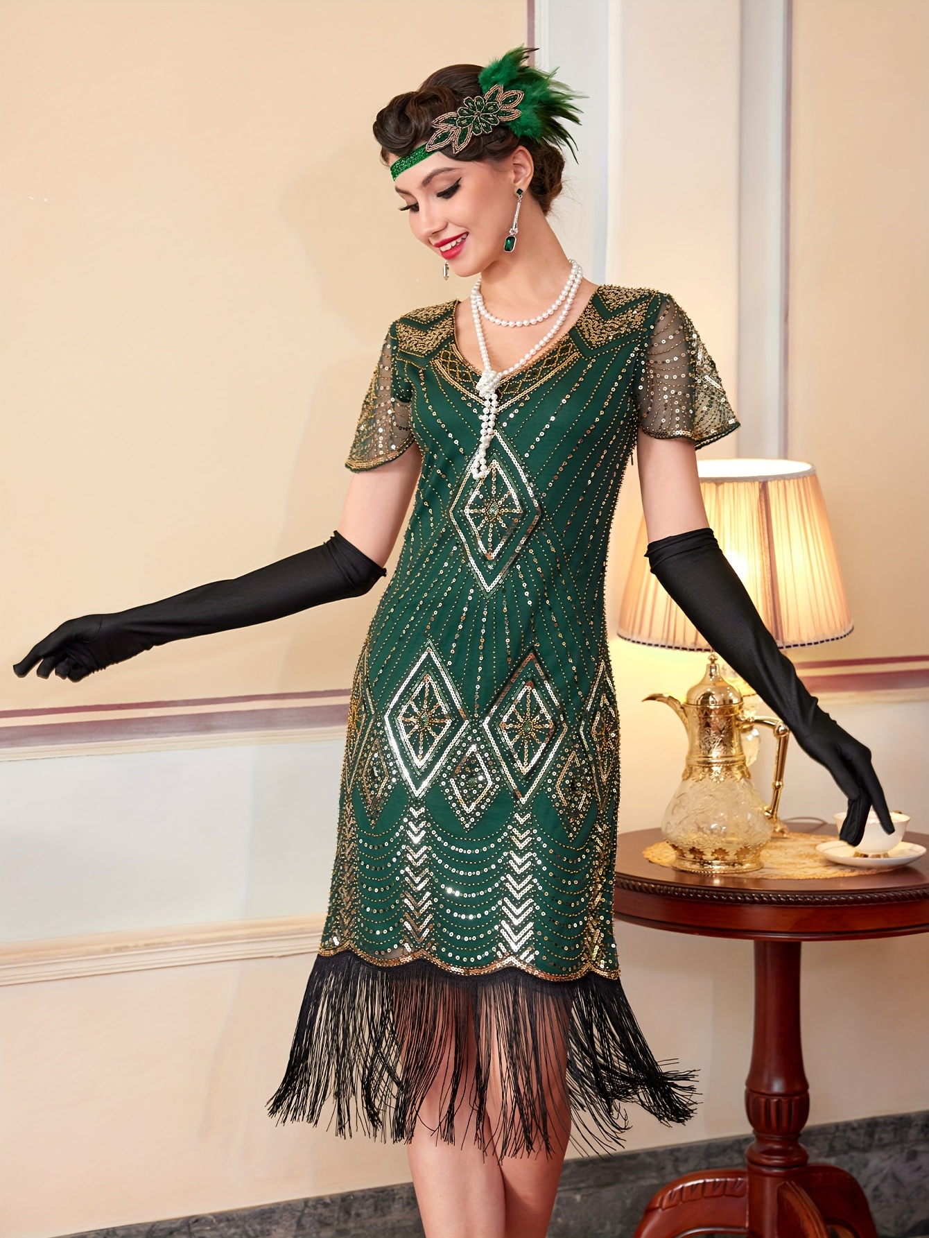 Plus Size, 1920 Vintage Sequin * Ball Fringe Short Sleeve Dress Party  Banquet Dance Dress Beaded Gown In Stock