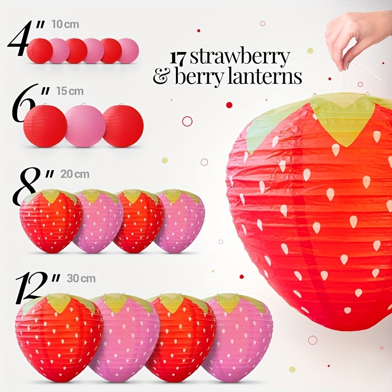 Image of 17pcs Fruit-themed Party Decoration Set, Featuring Round Paper Lanterns, Strawberry Hanging Lanterns, And Strawberry Decorations For A Fruit-themed Birthday Celebration