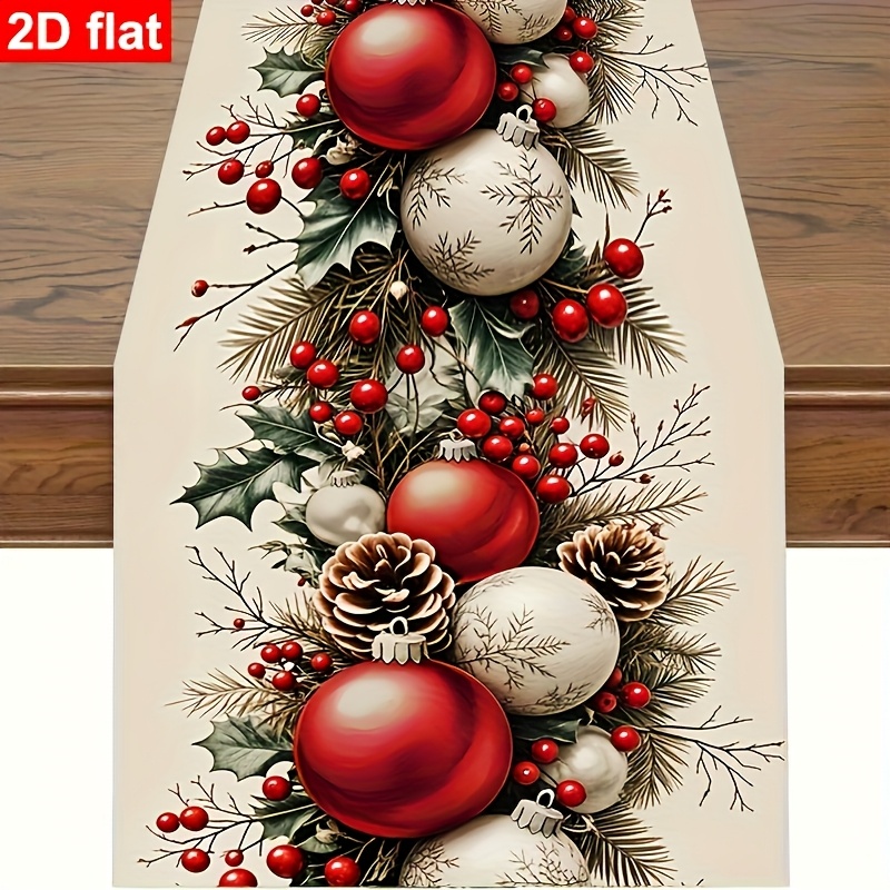1pc, Merry Christmas Table Flag, Christmas Ball Pine Branch Pattern Tablecloth, Christmas Atmosphere Table , Holiday Table Decoration Fabric Table , Home Decoration, Christmas Decoration, Gifts