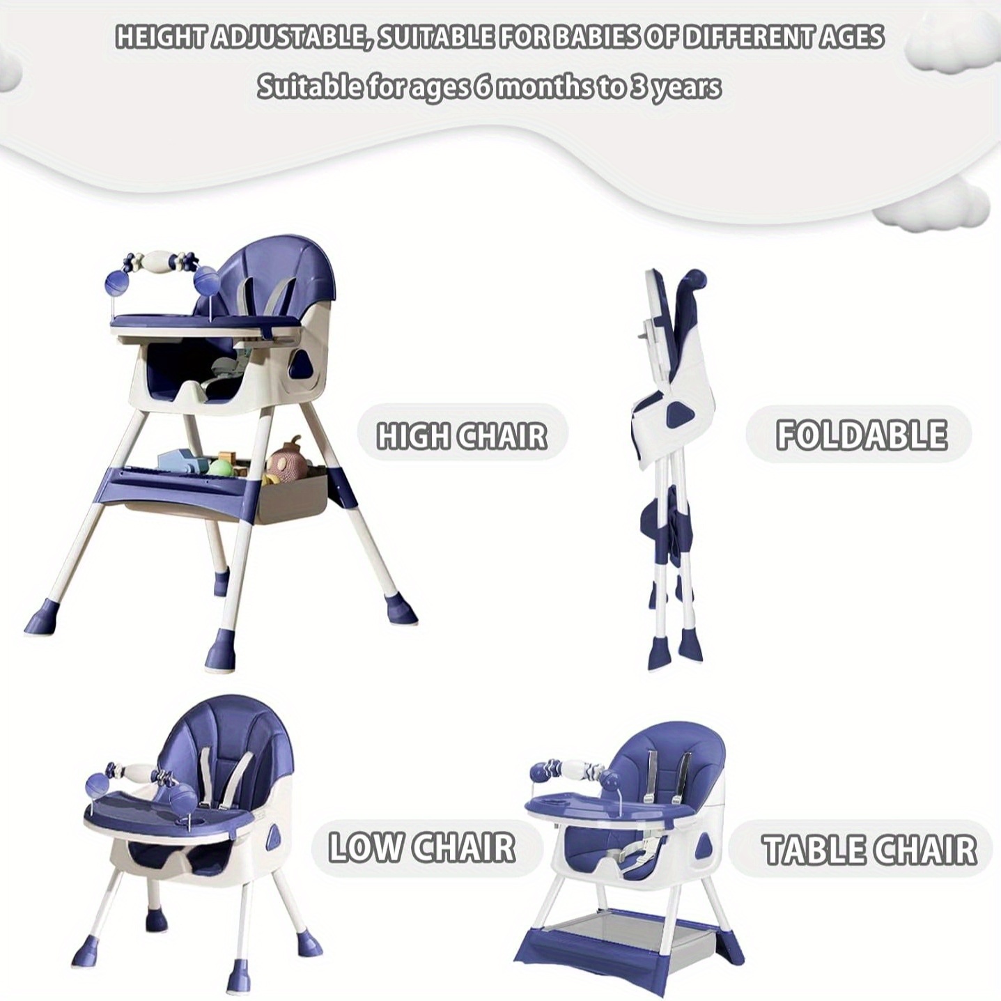 Adjustable Portable Dining Chair with 5-Point Harness, Tray & Wheels - Multi-Functional Eat, Drink & Play Seat with Ergonomic Backrest, Soft Cushioned Seat & Footrest - Modern Safety High Chair for Boys & Girls (Grey//Beige/Navy ) - Easy Assembly Required