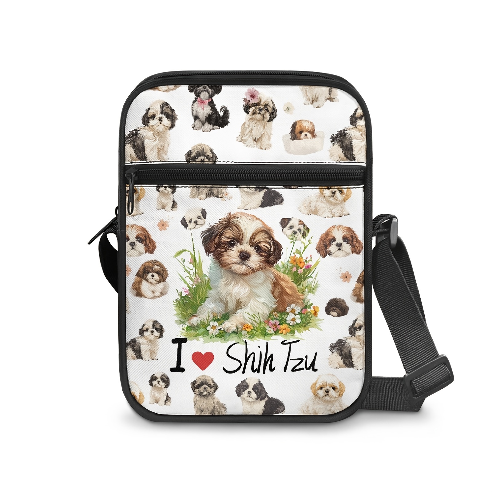 

1 sac messager en polyester avec imprimé Shih Tzu, avec bandoulière réglable, double couche, numérique, lavable en machine, interdit, blanc, pour les des chiens - Cadeau de Noël idéal