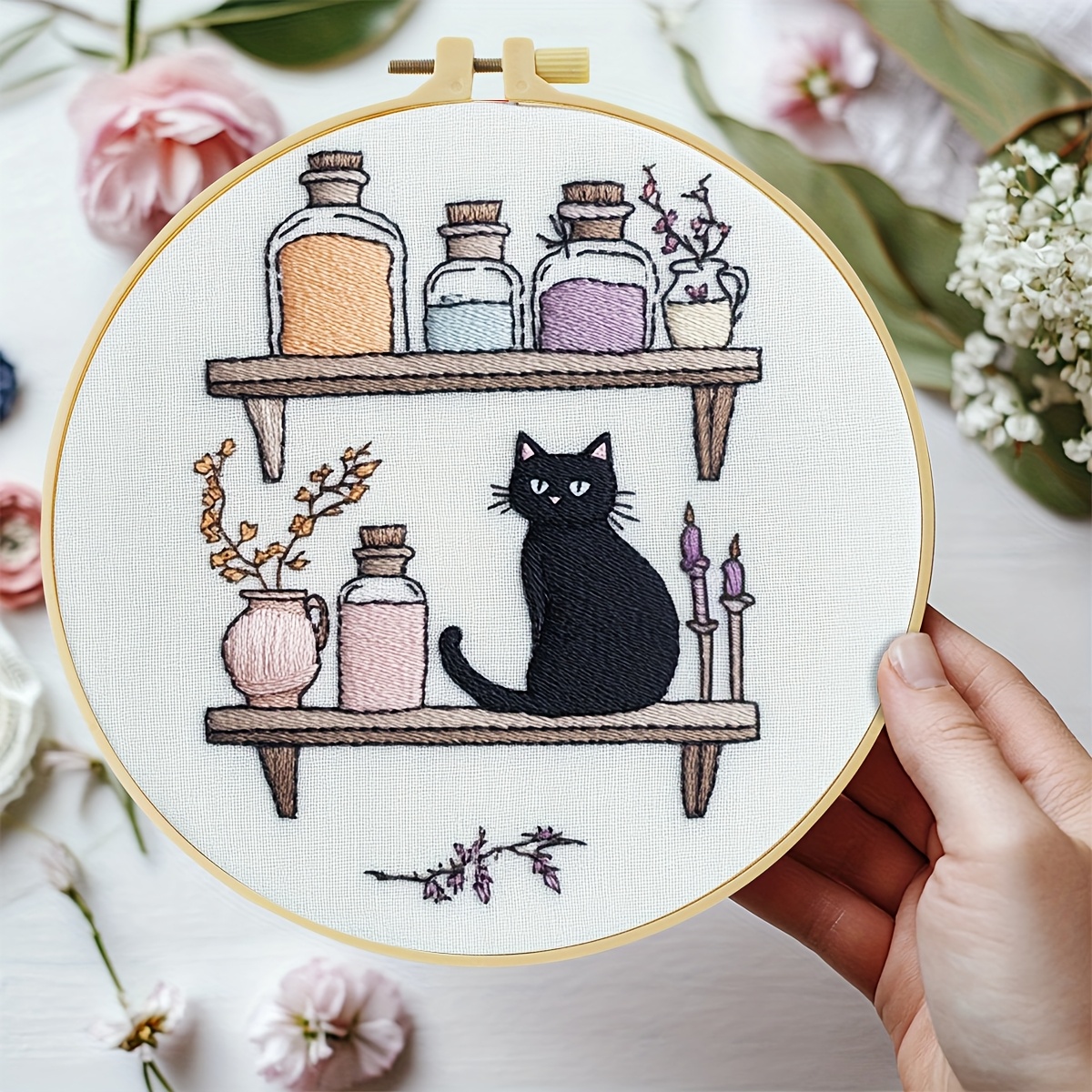 TEMU 1 stuk borduurset, 20x20 cm / 7.9x7.9 inch, schattige zwarte kat, handgemaakte DIY-borduurkit voor volwassen beginners, inclusief borduurstof,