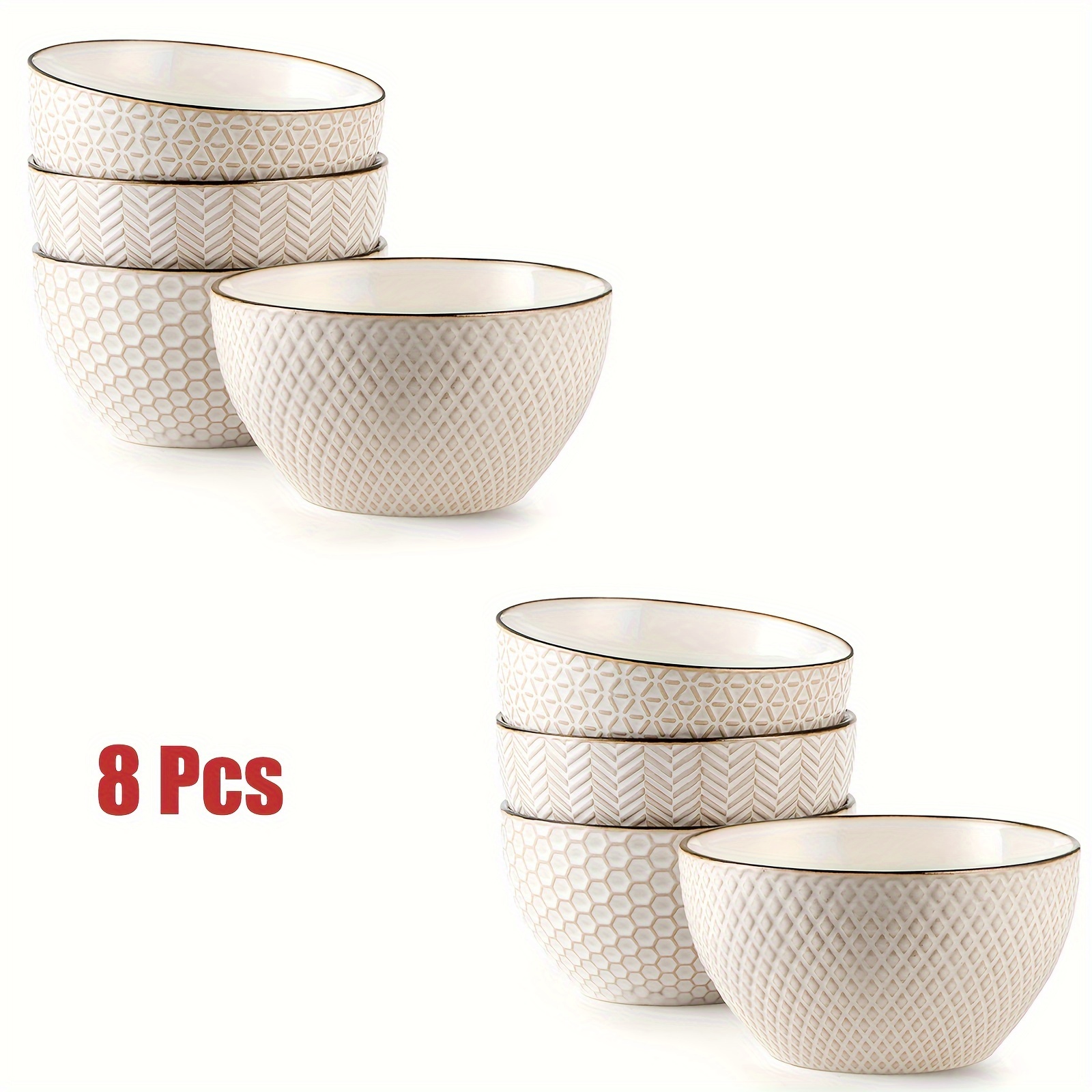 

8 Pcs 26 Oz Ceramic Cereal Bowls Set - White Embossed Soup Bowl - 6 Inch Stoneware Kitchen Bowl For Oatmeal Salad Dessert Rice - Microwave Dishwasher Oven Safe