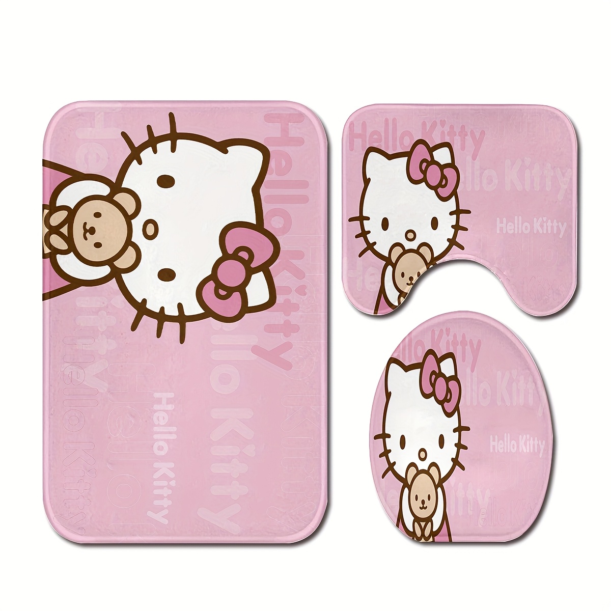 Image of 3pcs Hello Kitty Bathroom Set - Non-slip Pink Plush, Toilet Lid Cover & U-shaped Mat, Cute -themed Bath Accessories, Machine Washable Soft Floor For Room Decor ( Inspired)