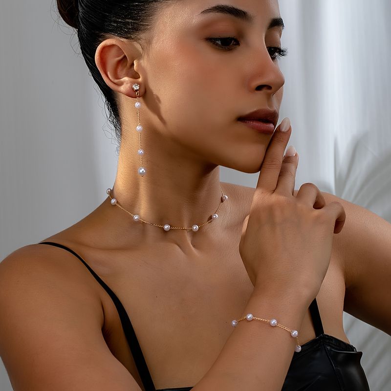 3pcs Elegant Faux Imitation Pearl Jewelry Set for Women - Tassel Drop Earrings + Necklace + Bracelet
