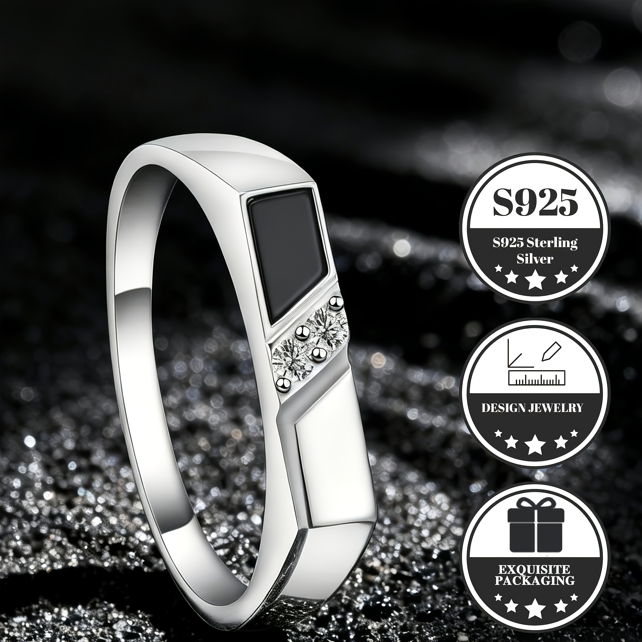 S925 925 Silver Ring, Sleek Rectangular And Sparkling Accents, Modern , Hypoallergenic, Ideal For Daily Wear, Holiday Gifting, Perfect For Men, Boyfriend, Father ( With Gift Box), Without Battery
