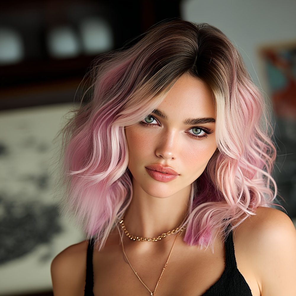 Image of Long Wavy Peach Pink Wigs Dark Natural Looking High Quality Fiber Synthetic Fluffy Curly Wigs For Fashion Women Cosplay Halloween Costume Use