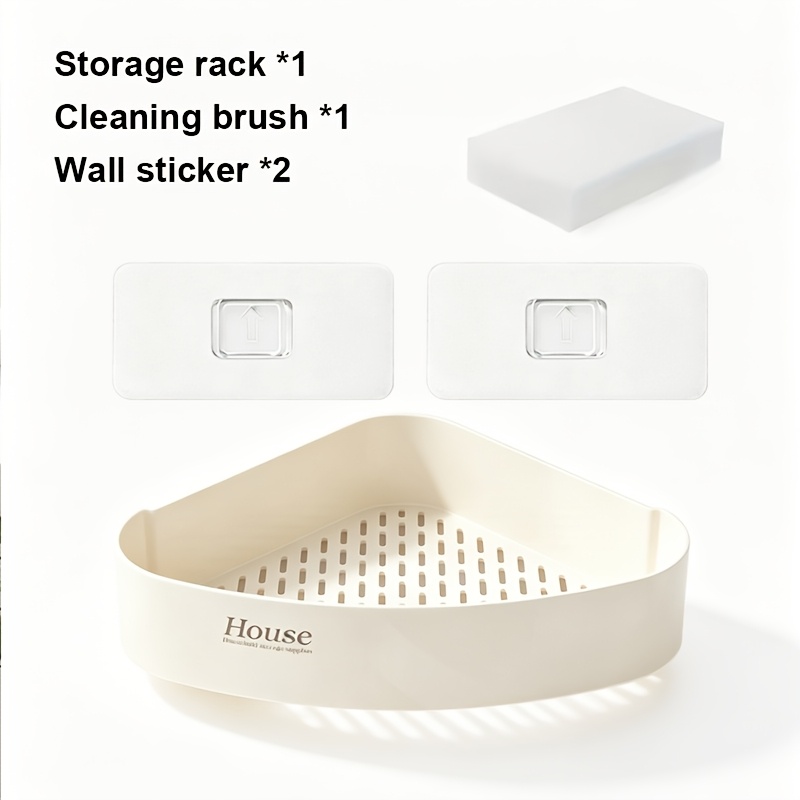 TEMU 1 Pack de support de douche mural en plastique perçage, étagère de rangement triangulaire durable avec brosse de nettoyage et 2 crochets
