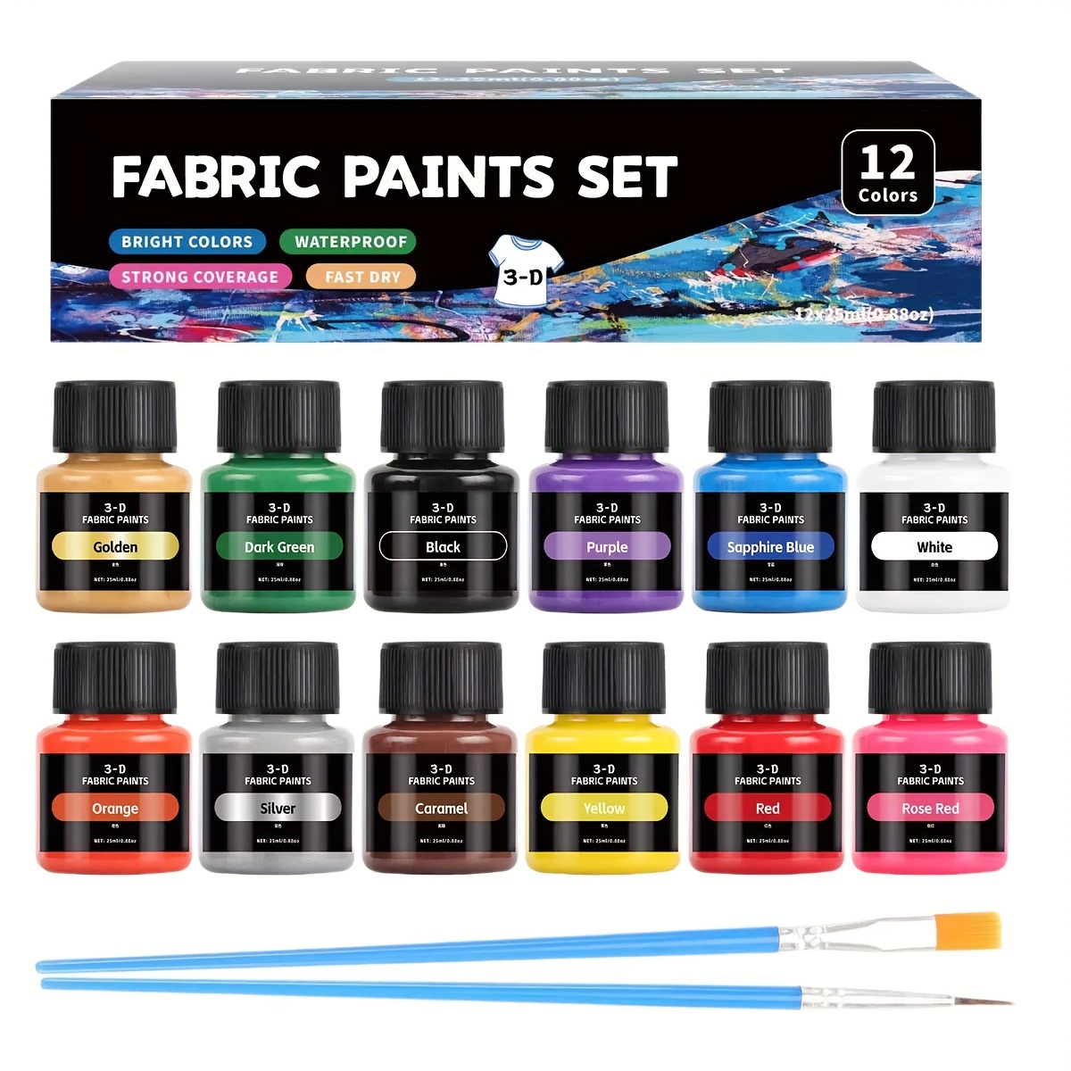 Image of 12-color Fabric Set, 2 Brushes, / 0.85oz Fabric Paint, T-shirts, Shoes, Jeans, Bags, Projects And Handicrafts, Non-toxic Fabric Paint