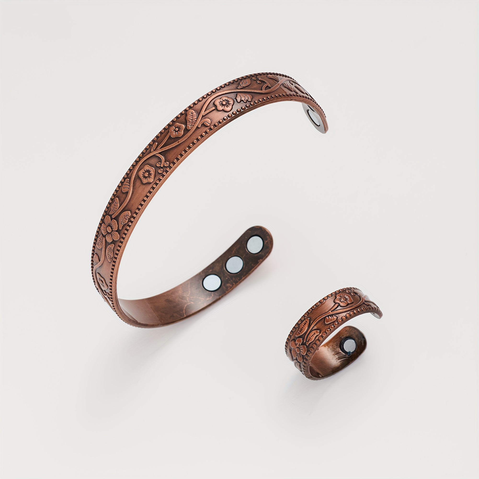 Vintage Copper Flower Bracelet and Ring Set, Adjustable