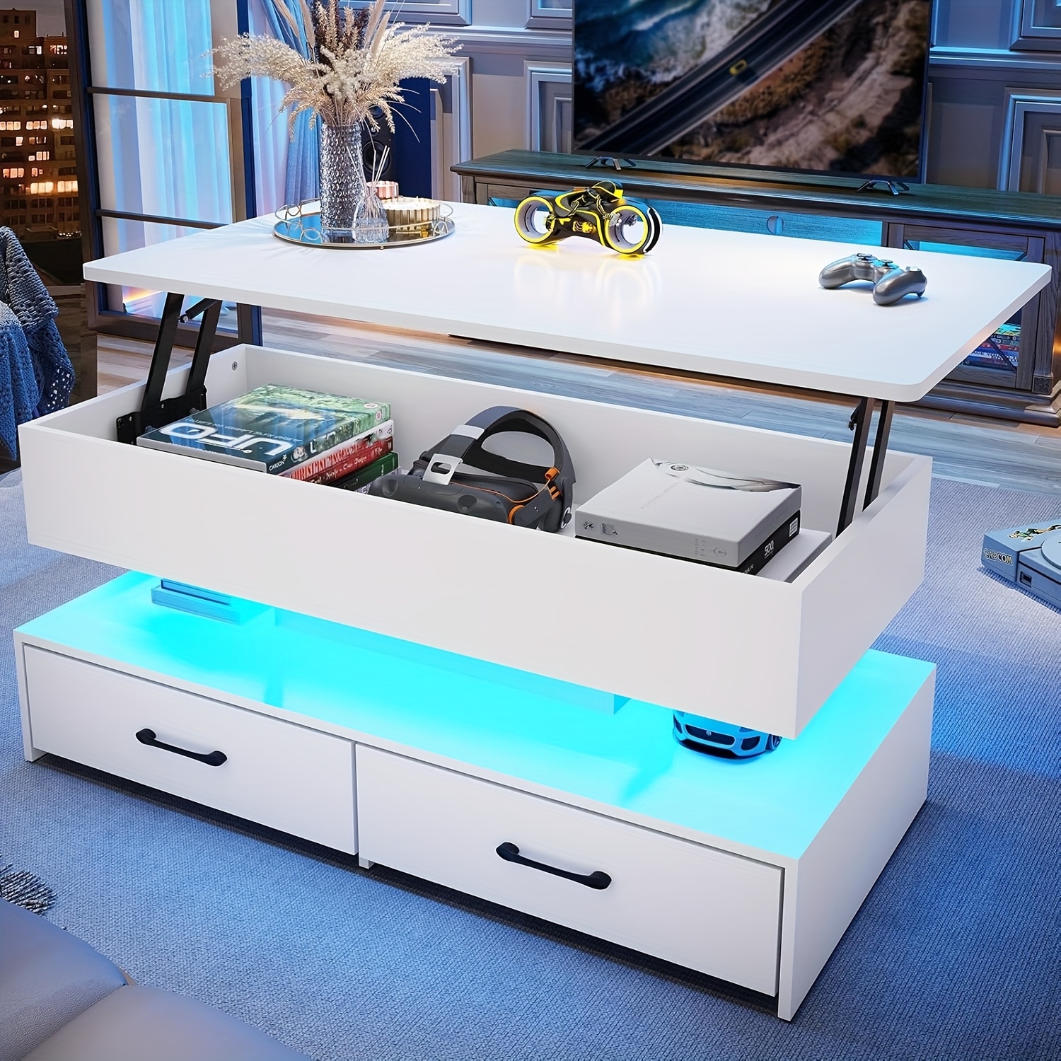TEMU 40" Lift-top Coffee Table With Led Light & Storage Shelves - Adjustable Height, Usb-powered , Large Capacity For Living Room, Bedroom, Office,