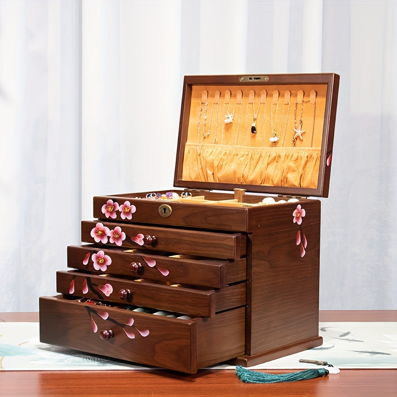 

Style Wooden Jewelry Box With Key Lock, Encaustic , Fabric-lined Drawers For Watches, Necklaces, Rings, Bracelets, Earrings - Tabletop Storage Organizer, Jewelry Gift Box