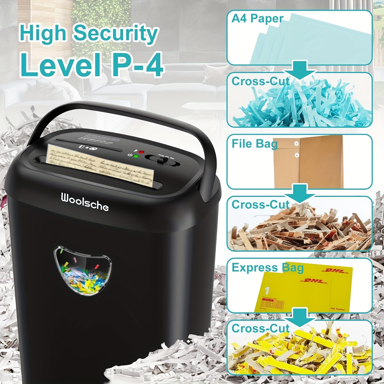 

Level P-4, Black Electric , 15 Sheets Cut, With 6.6 Gallon (. 17.6 ) Basket, 3 Design Shredding Cards/cds//clips, Heavy Duty , Office Anti-clogging System